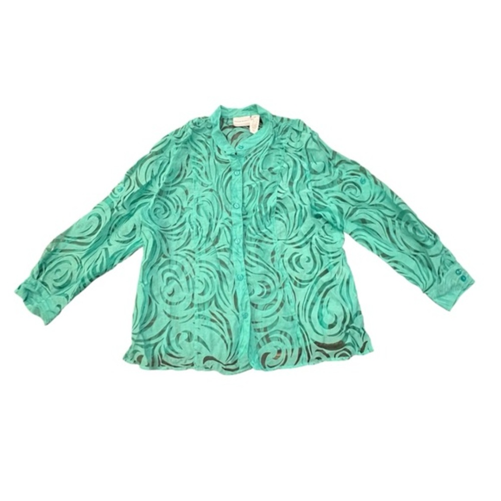 Alfred Dunner Shirt Women Teal Green Long Sleeve Sheer Swirl Pattern Size 16 P